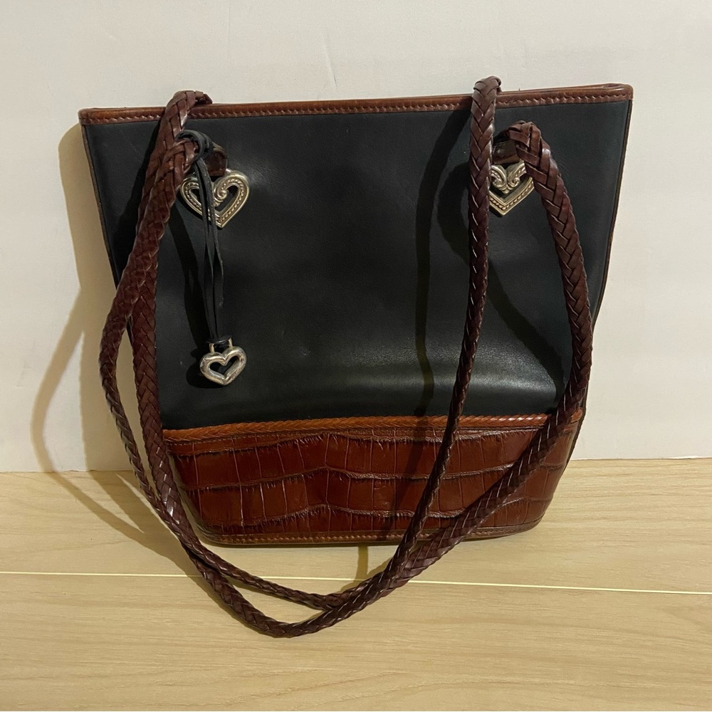 Classic Black Brighton Bucket Shoulder Bag Tote 10X12 Leather/Croc Print Western